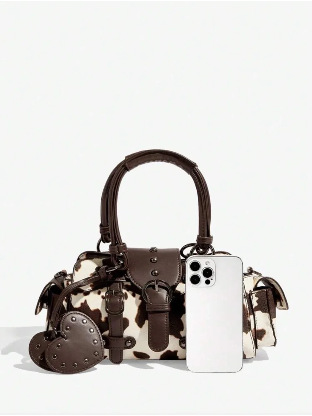 NEW ARRIVAL FAUX Cowhide-Print Brown Top-Handle Satchel with Heart Charm
